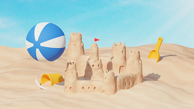 Sand Castle 3d beach blender branding bucket cartoon castle illustration sand shovel ball sun vector