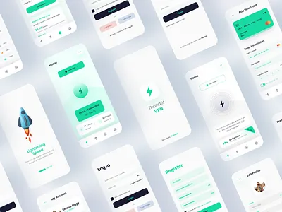 Thunder — A Mobile VPN App Design — Green — Light Mode — UI Kit app design desktop mockup figma fiverr freelance landing page landing page design light mode mobile app mobile mockup prototype remote ui ui design uiux upwork ux ux design vpn app web design