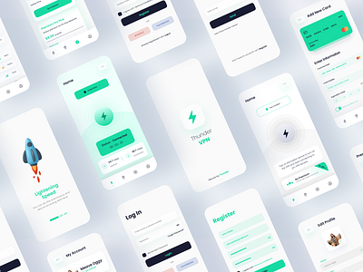 Thunder — A Mobile VPN App Design — Green — Light Mode — UI Kit app design desktop mockup figma fiverr freelance landing page landing page design light mode mobile app mobile mockup prototype remote ui ui design uiux upwork ux ux design vpn app web design