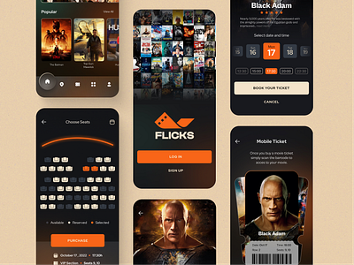 Flicks - ticket booking app adobe xd app booking branding cinema figma logo movie app movies orange ticket ticket booking app ui uiux user interface ux