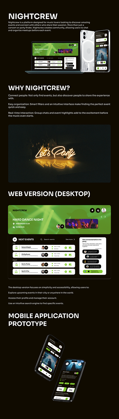 Nightcrew - Social Event Finder chatapp clubbing concerts electronicmusic eventapp eventplanner festivalapp meetnewpeople mobileapp musicevents musiclovers nightlife nightout partyfinder socialnetworking ticketing ui uiux uxdesign webdesign