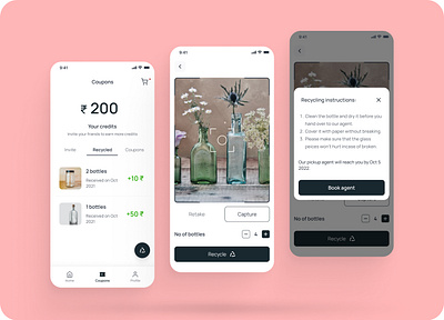 Recycle bottles and gain cashback or coupons appdesign design mobileapp recycle ui uidesign uxdesign visualdesign