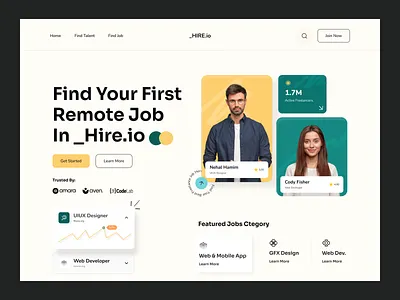 Hiring platform Landing Page Design. analytics branding clean dribbble2022 freelancer header section hero hiring hiring platform homepage job job search landing page recruitment simple typography uiux user interface ux web design