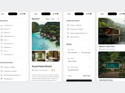 Serenity - Hotel Booking Details Responsive adventure agent apartment booking building destination hotel minimalist mobile mobile app mobile design product property resort responsive travel traveling ui vacation villa