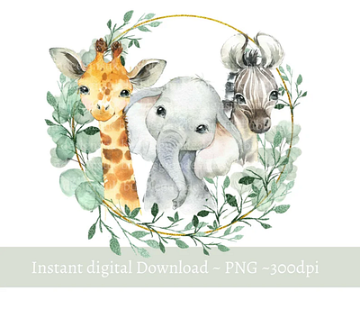 Baby Safari Animals Wreath PNG, Watercolor Baby Animals 3d animation app branding design graphic design illustration logo ui vector