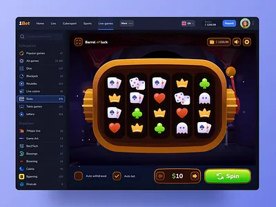1Bet – Slots page 🎰 bet betting blackjack casino casino online design dice gambling gambling icons gambling illustration illustration live casino poker product design sports bet ui uiux