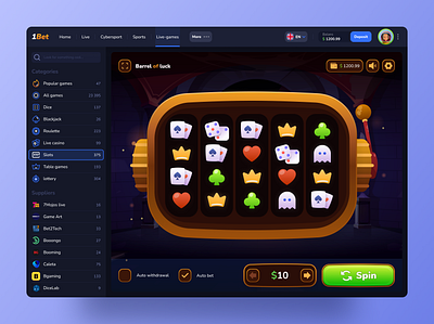 1Bet - Slots page  bet betting blackjack casino casino online design dice gambling gambling icons gambling illustration illustration live - casino poker product design sports bet ui uiux