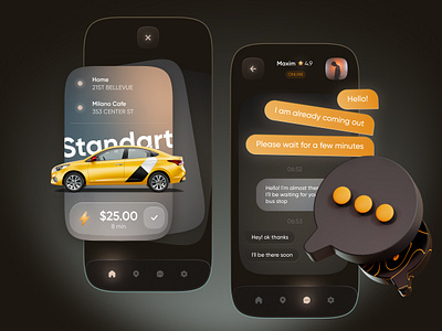 Taxi App 3d app car chat chating dark design glassmorphism illustration ios taxi ui uxui
