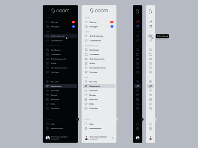 CCOM - ISM & Safety Management bar coast dark dashboard desktop icon interface light maintenance marine menu navigation norway product sea ship side tooltip ui vessel