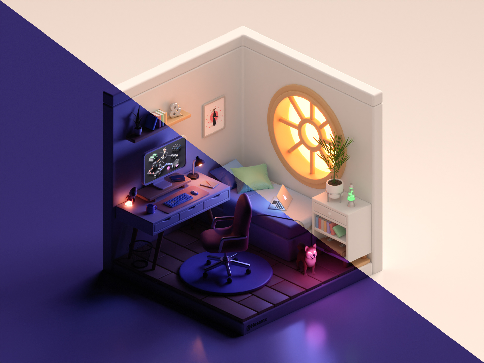 Shiba's Room :) 3d animation bedroom blender cartoon chair cute dark day desk diorama home house illustration isometric light night render room shiba