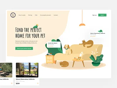Petscore: Home for your pet airbnb animals booking cat concept dog figma flat home illustration pet petfrandly rent travel web design