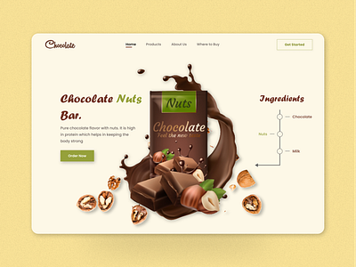 Chocolate Nuts Bar Landing Page's Header or Hero Section Design. branding design figma header hero section landign page ui ux visual design webdesign