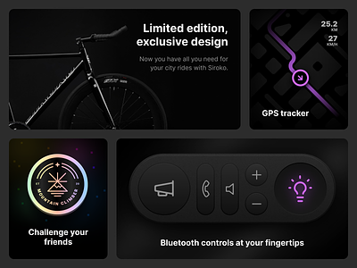 Bike features bento 🍱 badge bento bike black device features illustration iridiscent map mosaic product design purple sticker white