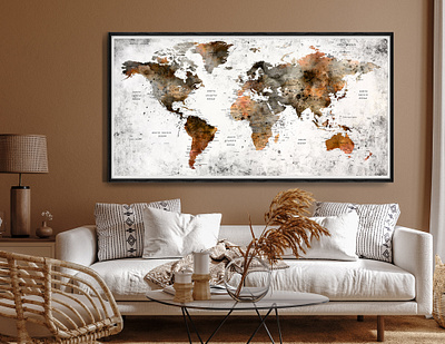 World Map Wall Art Splash Watercolor Abstract Push Pin Map