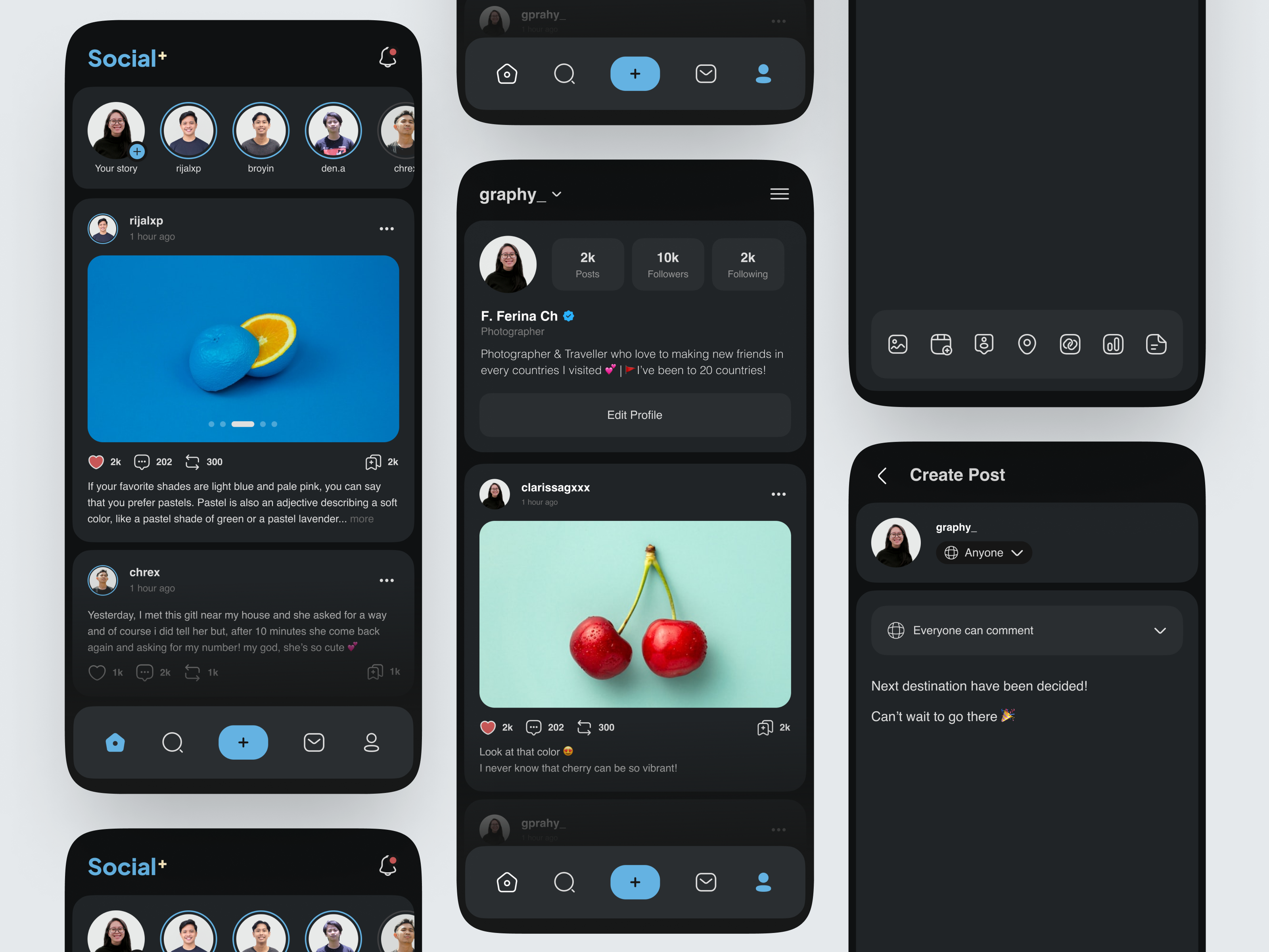 Social+ - Social Media Mobile App apps dark design facebook instagram linkedin media mobile mode post product social social media status story timeline twitter ui ux