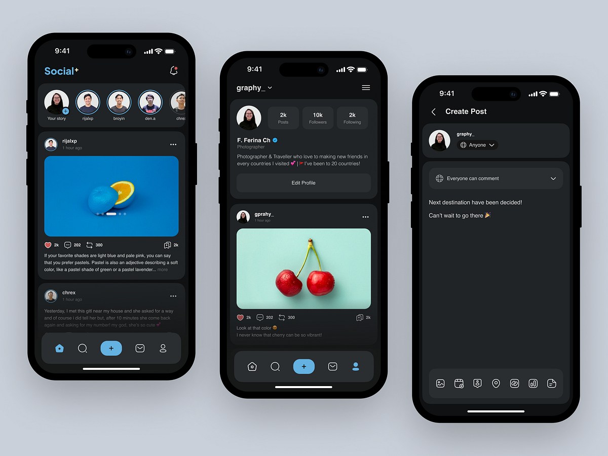 Social+ - Social Media Mobile App by F. Ferina Chung for Caraka on Dribbble