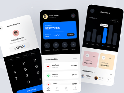 Mobile Banking - Concept App balance bank bank card banking billing card clean dark data finance finance app fintech minimal mobile app money online banking transactions transfer uiux wallet