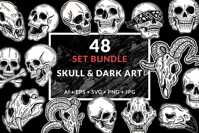 48 Set Bundle Dark Art Skull Bone Horror Tattoo Crossbone skull crossbones svg