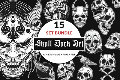 15 Set Bundle The Dark Skull Art Bone Horror Tattoo skull crossbones svg