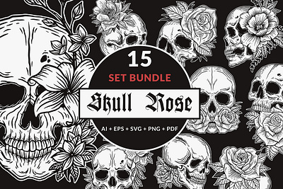 15 Set Bundle Skull Rose Dark Art Bone Horror Tattoo Beast skull crossbones svg