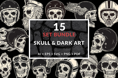 15 Set Bundle Dark Art Skull Rider Helmet Wings Horror skull crossbones svg