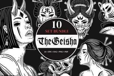0 Set Bundle Japanese Geisha Mask Girl Dark Art Tattoo merchendise