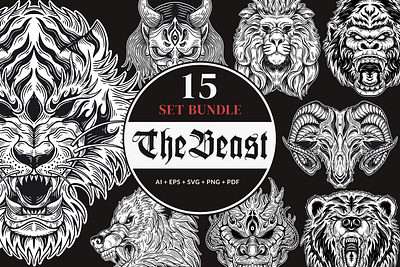 15 Set Bundle Beast Animal and Mask Dark Art Bone Horror skull crossbones svg