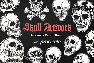 34 Skull Dark Cross Bone Vintage Hand Drawn Procreate Brush procreate lettering