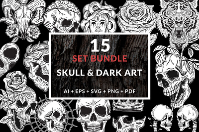 15 Set Bundle Dark Art Skull Bone Horror Tattoo Beast skull crossbones svg