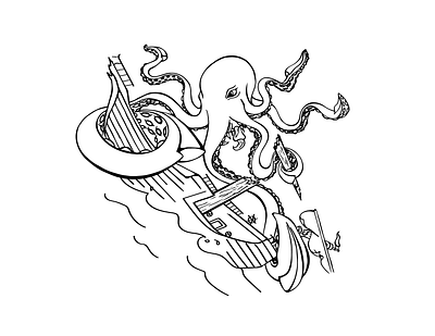 Quick Kraken Ship Attack Doodle illustration line art vector