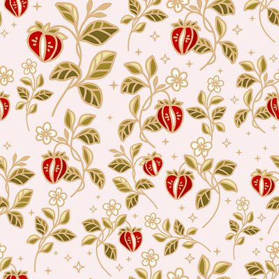 Strawberry Plant Seamless Pattern botanical design digital art feminine floral flower flower illustration fruit garden growth hand drawn illustration nature pattern plant seamless pattern strawberry vintage