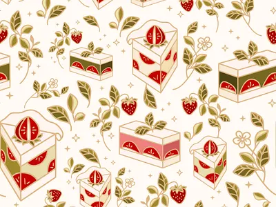 Strawberry Cake Seamless Pattern bakery baking botanical cake digital art digital drawing floral flower food illustration kitchen nature pastry patisserie pattern seamless pattern strawberry strawberry cake sweet food vintage