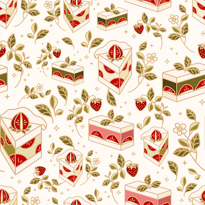 Strawberry Cake Seamless Pattern bakery baking botanical cake digital art digital drawing floral flower food illustration kitchen nature pastry patisserie pattern seamless pattern strawberry strawberry cake sweet food vintage