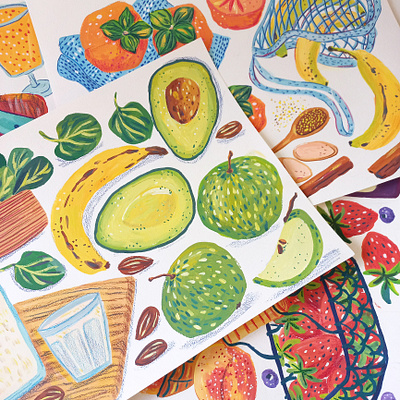 Fruits and veggies work in progress art cooking drawing food fruits gouache hand drawn illustration kitchen painting vegetables