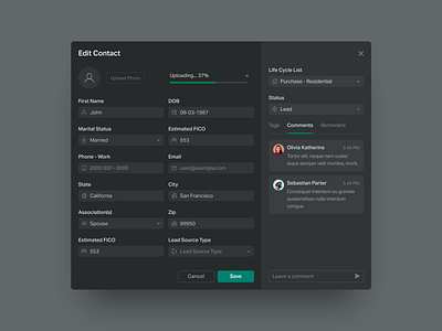 Edit Contact Pop-Up contacts create contact crm crm dashboard dark theme dark ui dashboard design agenct edit contact modal pop up pop up stead ui ui design ui elements ux web app widget