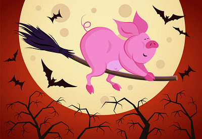 Witch piglet flying on a broom during the Halloween night adobe illustrator cartoon character comic czarownica fly halloween illustration ilustracja dla dzieci moon night pig silhouette vector witch świnia