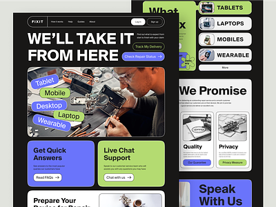 Device Repair Web Design - Fixit bento bento layout bold brutalism business clean header hero homepage landing page layout modern repair service service typography ui webdesign webpage website webui