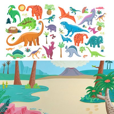 Dino Stickers and Background animal art children illustration colorful dinosaur illustration kids illustration spot illustration sticker art toy art toy design