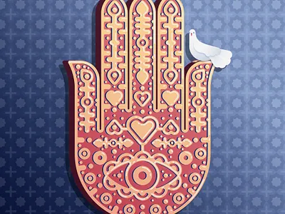 "Hamsa" - NFT art blue contrast daily art flat design good luck hamsa hand illustration lights peace protection red shadows tribal vector vector illustration yellow