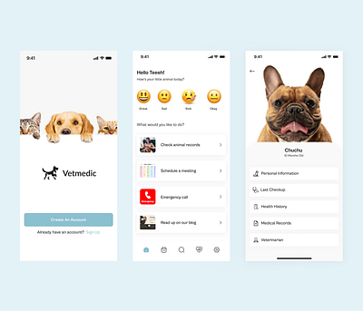 Mobile design for a pet clinic - Vetmedic animal mobile design mobile ui pet pet app pet care pet ui ui ui design ui ux vet app vet clinic app vet clinic mobile app veterinary veterinary app