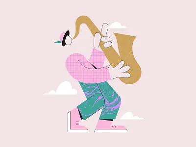 Saxophonist cartoon character design flat fun illustration leo alexandre minimal modern musician pastel colors person saxophonist vector
