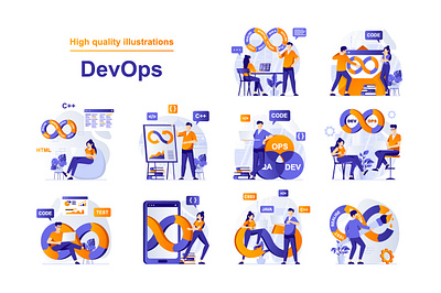 DevOps Web Illustrations bundle character collection concept design development devops flat illustration landing page people programming scene set situation system vector web website