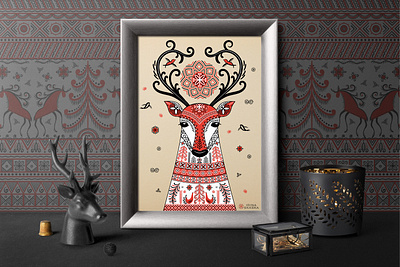 DEER. Mezen Painting amulet deer fairy tale female folklore mythical red sun t shirt print