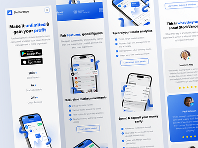 StockVance Landing Page: Responsive Mode blue buy chart deposit dribbble landing market networthy new page popular premium responsive sell simulate stock trending ui website white