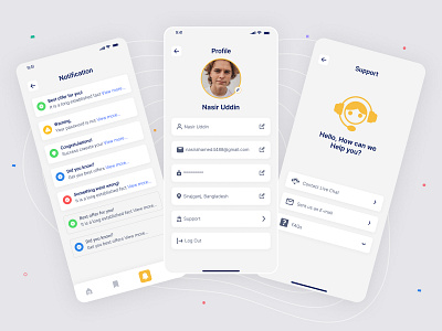 Notification, Profile & Support Screen app design mobile mobile app design new noteworthy notification notification screen popular profile profile screen support support screen ui ui design ux