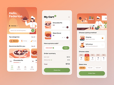 Yummy Food Store Mobile App app application character donut gradient illustration menu orely pie search service