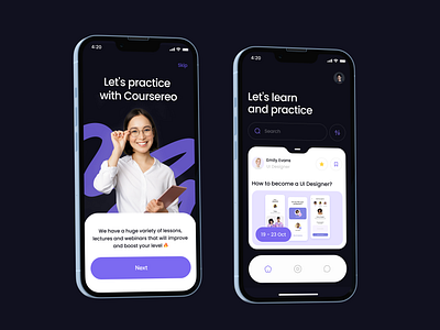 Mobile app for the online course platform "Coursereo" app app design course app courses dark ui digital e learning education app ios app learning app learning platform lectures mentors mobile app online course ui uiux ux webinars