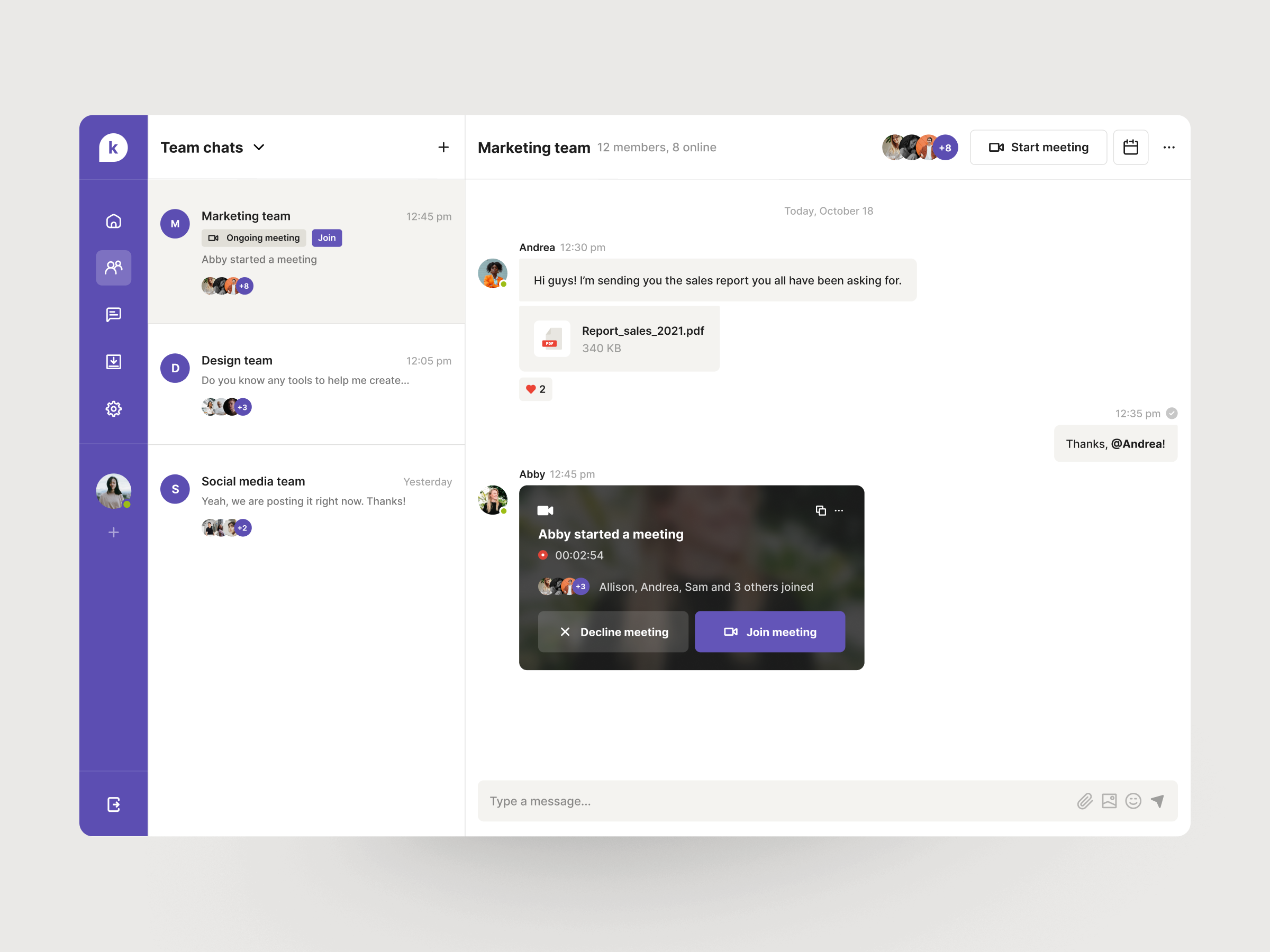Team chat app: desktop app call chat chatapp colors conversation design flatdesign group chat meeting message minimal minimalistic talk ui ux