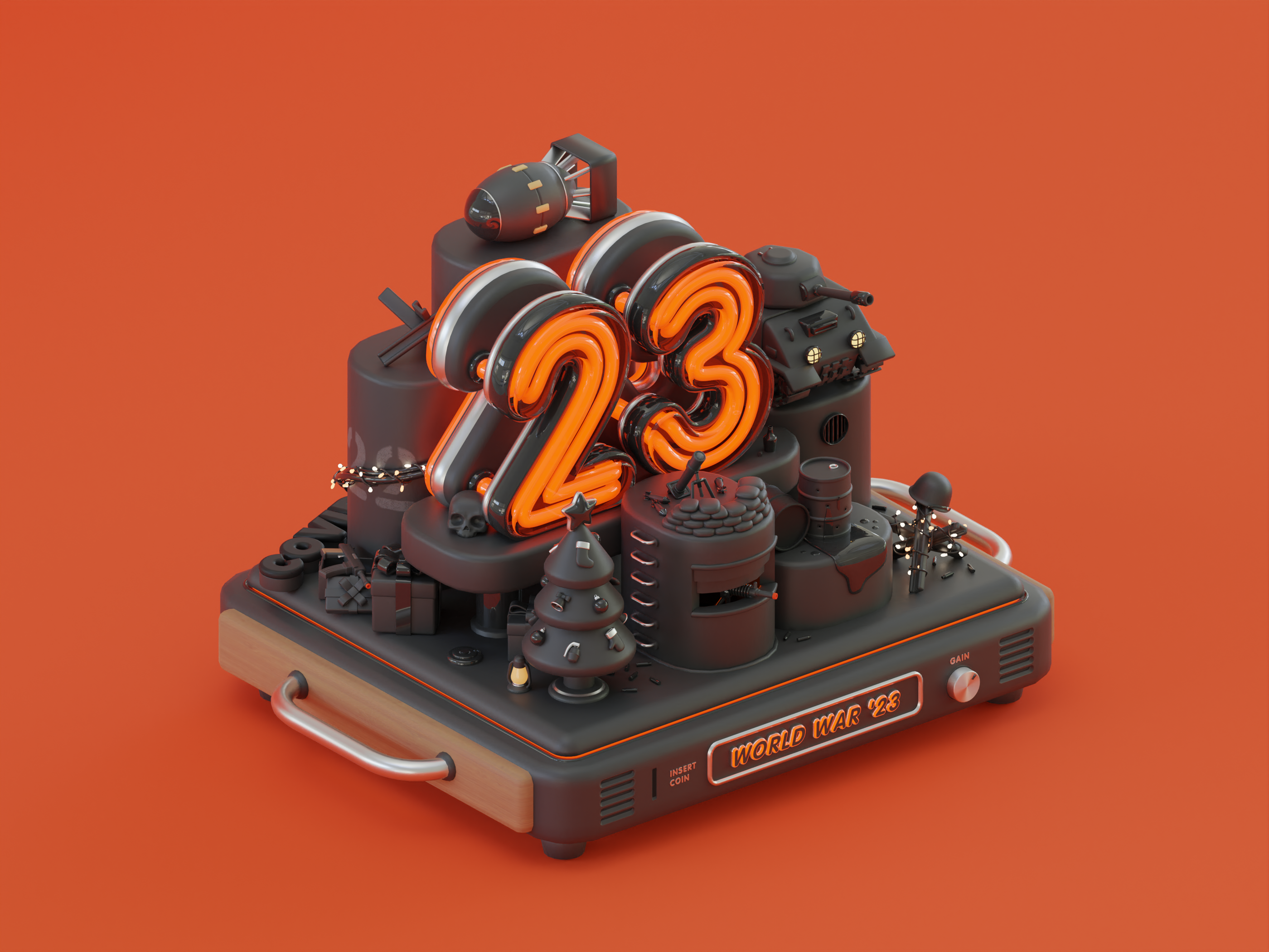 Happy world war 2023 2023 23 3d 3d art 3d illustration barrell bomb bunker christmas diorama illustration isometric neon new year nuclear bomb peace tank war world war