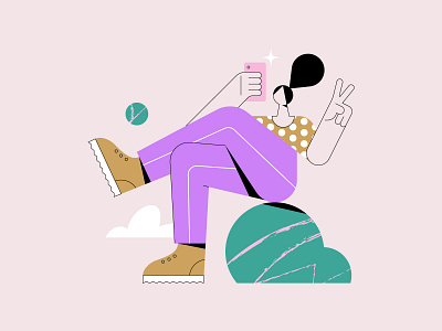 Selfie character design fashion flat girl illustration leo alexandre minimal modern pastel colors person pose selfie sitting smartphone vector woman